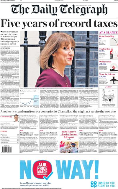 The Daily Telegraph Newspaper Front Page (UK) for 27 March 2025