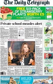 The Daily Telegraph Newspaper Front Page (UK) for 27 April 2013