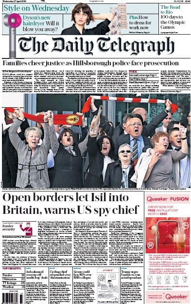 The Daily Telegraph Newspaper Front Page (UK) for 27 April 2016