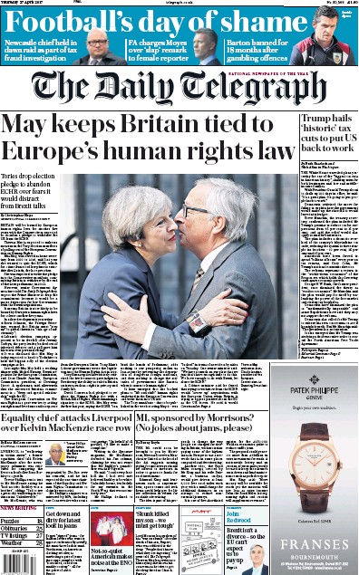 The Daily Telegraph Newspaper Front Page (UK) for 27 April 2017