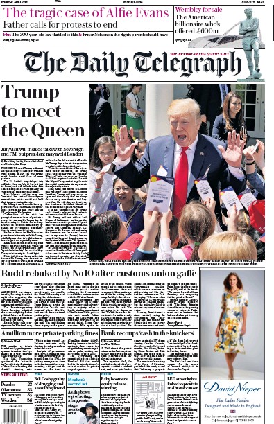 The Daily Telegraph Newspaper Front Page (UK) for 27 April 2018
