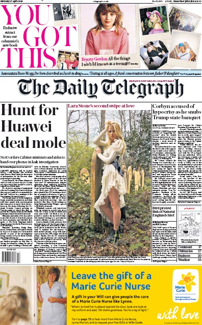The Daily Telegraph Newspaper Front Page (UK) for 27 April 2019