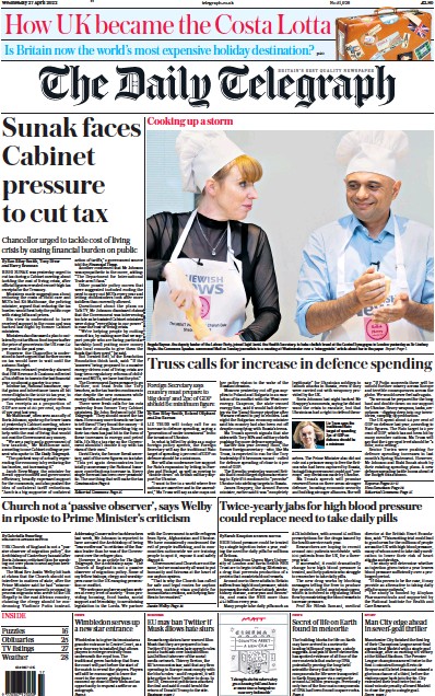 The Daily Telegraph Newspaper Front Page (UK) for 27 April 2022