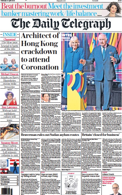 The Daily Telegraph Newspaper Front Page (UK) for 27 April 2023
