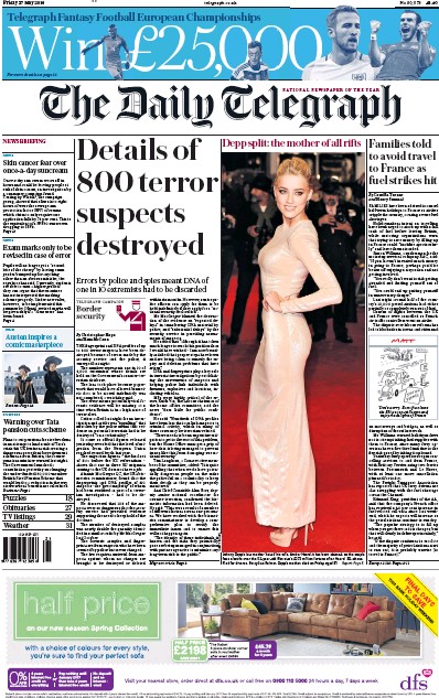 The Daily Telegraph Newspaper Front Page (UK) for 27 May 2016