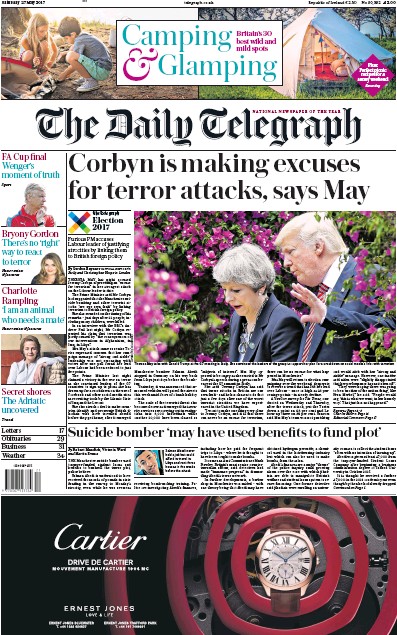 The Daily Telegraph Newspaper Front Page (UK) for 27 May 2017