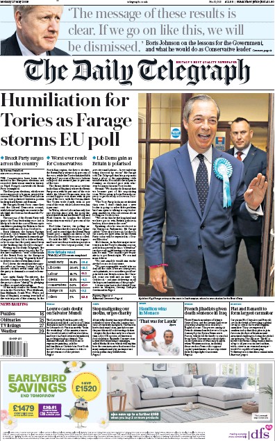 The Daily Telegraph Newspaper Front Page (UK) for 27 May 2019