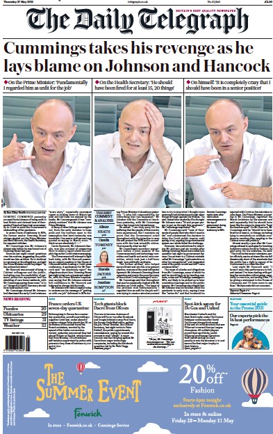 The Daily Telegraph Newspaper Front Page (UK) for 27 May 2021