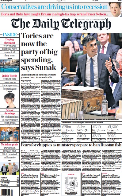 The Daily Telegraph Newspaper Front Page (UK) for 27 May 2022