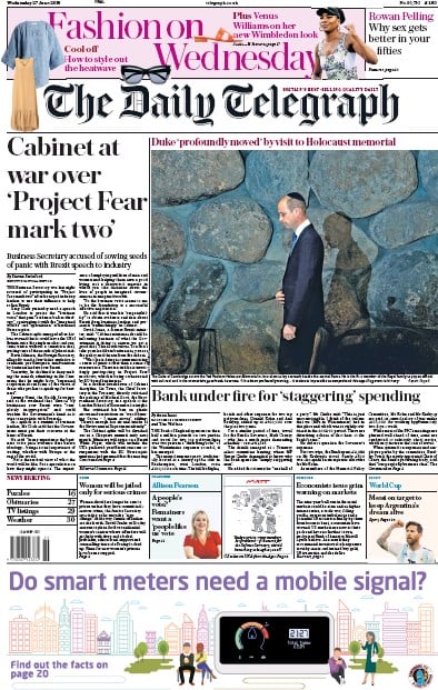 The Daily Telegraph Newspaper Front Page (UK) for 27 June 2018