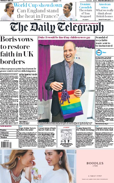 The Daily Telegraph Newspaper Front Page (UK) for 27 June 2019