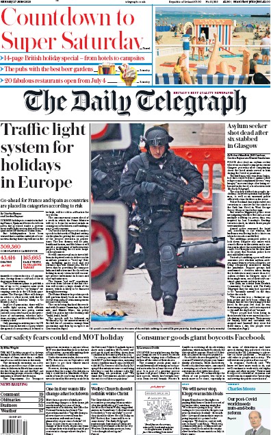 The Daily Telegraph Newspaper Front Page (UK) for 27 June 2020