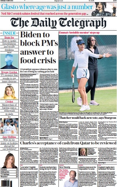 The Daily Telegraph Newspaper Front Page (UK) for 27 June 2022