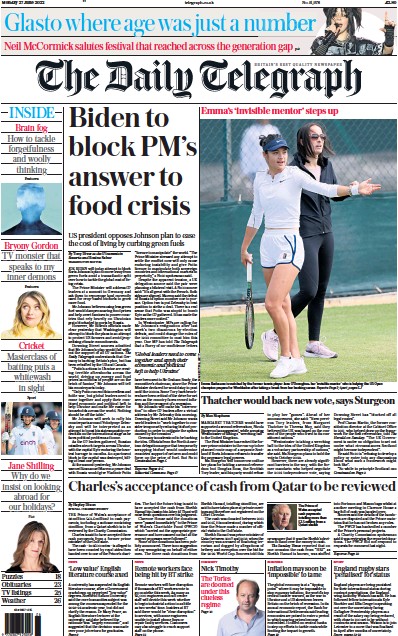 The Daily Telegraph Newspaper Front Page (UK) for 27 June 2022