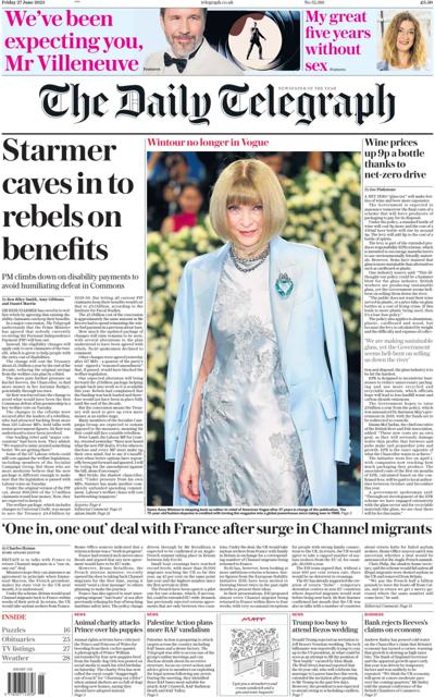 The Daily Telegraph Newspaper Front Page (UK) for 27 June 2025