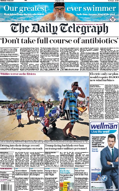The Daily Telegraph Newspaper Front Page (UK) for 27 July 2017