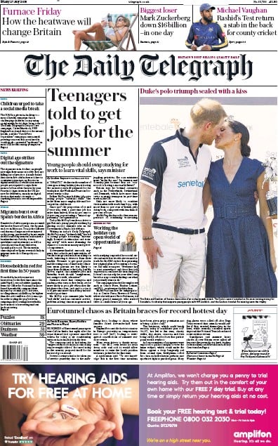 The Daily Telegraph Newspaper Front Page (UK) for 27 July 2018