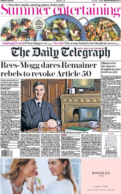 The Daily Telegraph Newspaper Front Page (UK) for 27 July 2019