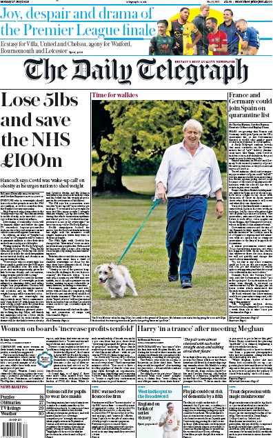 The Daily Telegraph Newspaper Front Page (UK) for 27 July 2020
