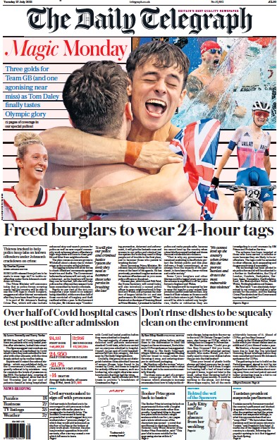 The Daily Telegraph Newspaper Front Page (UK) for 27 July 2021