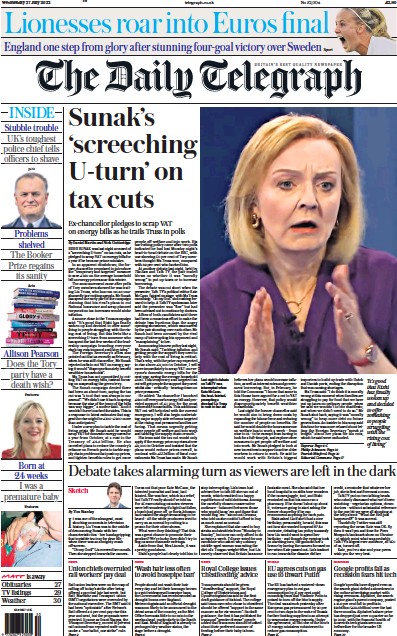 The Daily Telegraph Newspaper Front Page (UK) for 27 July 2022