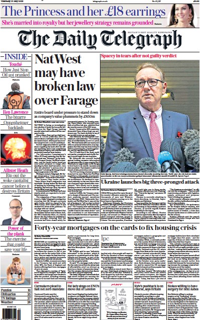 The Daily Telegraph Newspaper Front Page (UK) for 27 July 2023