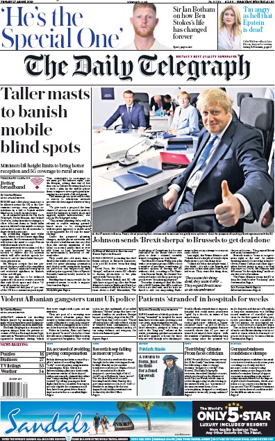 The Daily Telegraph Newspaper Front Page (UK) for 27 August 2019