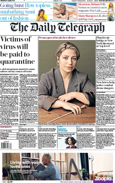 The Daily Telegraph Newspaper Front Page (UK) for 27 August 2020