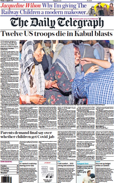 The Daily Telegraph Newspaper Front Page (UK) for 27 August 2021