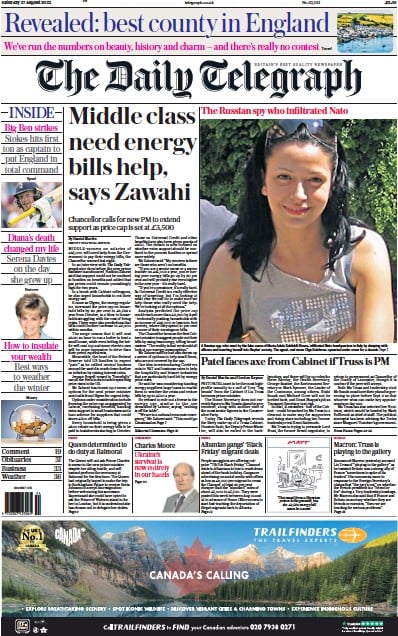 The Daily Telegraph Newspaper Front Page (UK) for 27 August 2022