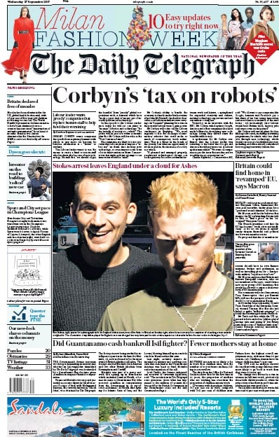 The Daily Telegraph Newspaper Front Page (UK) for 27 September 2017