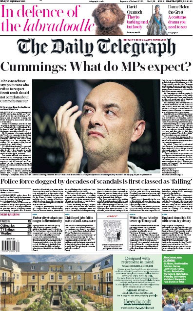 The Daily Telegraph Newspaper Front Page (UK) for 27 September 2019
