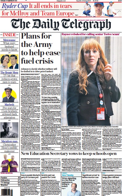The Daily Telegraph Newspaper Front Page (UK) for 27 September 2021