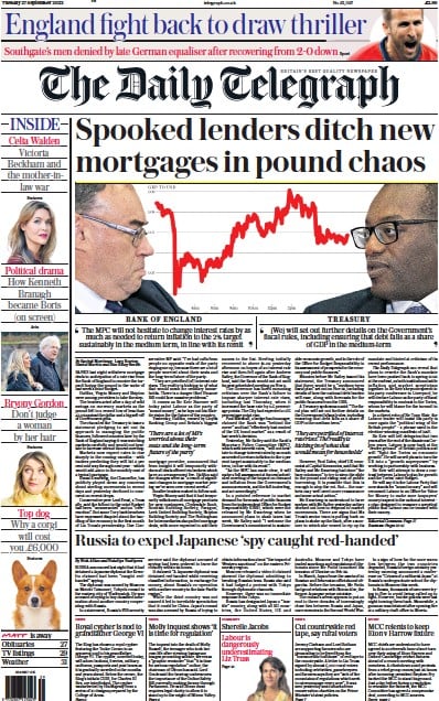 The Daily Telegraph Newspaper Front Page (UK) for 27 September 2022