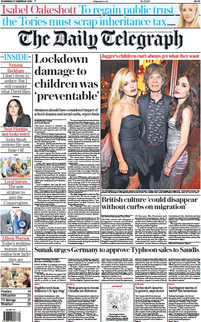 The Daily Telegraph Newspaper Front Page (UK) for 27 September 2023