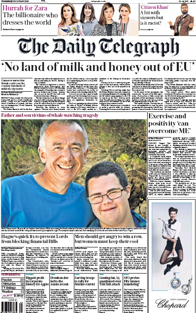 The Daily Telegraph Newspaper Front Page (UK) for 28 October 2015