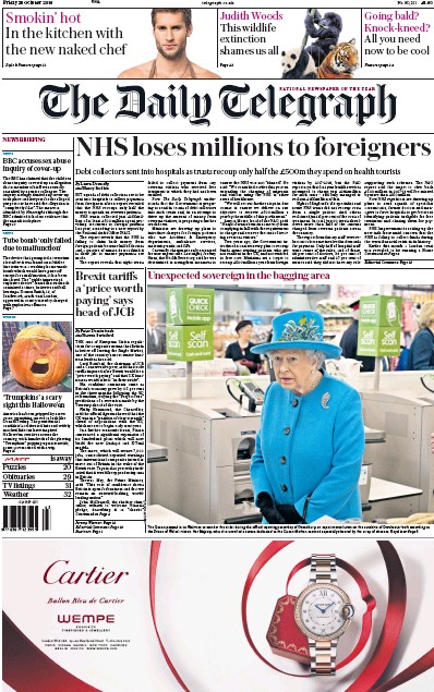 The Daily Telegraph Newspaper Front Page (UK) for 28 October 2016