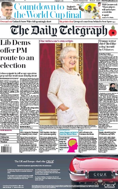 The Daily Telegraph Newspaper Front Page (UK) for 28 October 2019