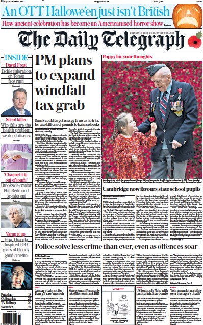 The Daily Telegraph Newspaper Front Page (UK) for 28 October 2022