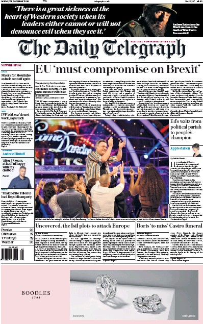 The Daily Telegraph Newspaper Front Page (UK) for 28 November 2016