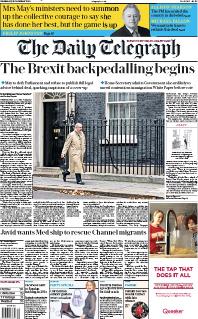 The Daily Telegraph Newspaper Front Page (UK) for 28 November 2018