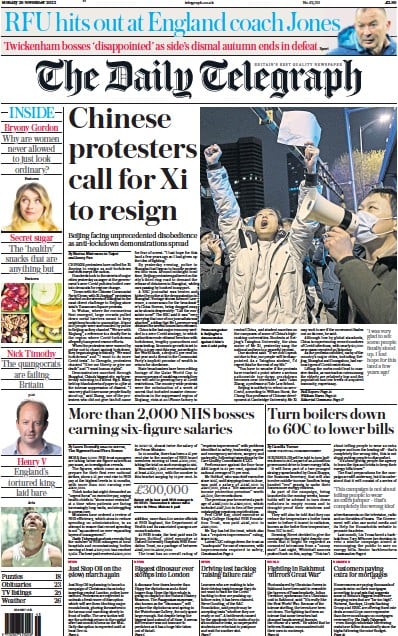 The Daily Telegraph Newspaper Front Page (UK) for 28 November 2022