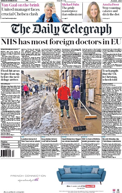 The Daily Telegraph Newspaper Front Page (UK) for 28 December 2015
