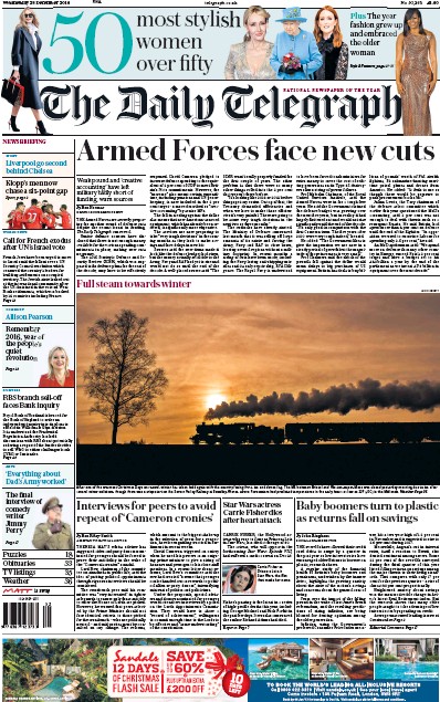 The Daily Telegraph Newspaper Front Page (UK) for 28 December 2016