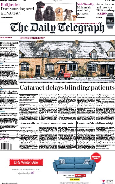 The Daily Telegraph Newspaper Front Page (UK) for 28 December 2017