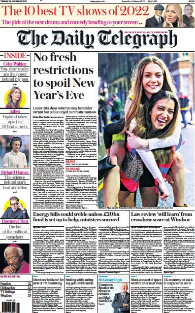 The Daily Telegraph Newspaper Front Page (UK) for 28 December 2021