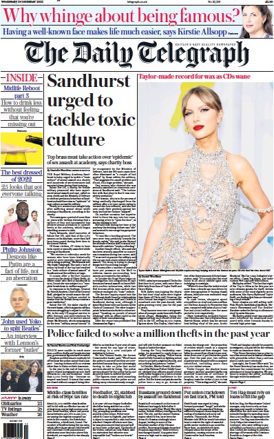 The Daily Telegraph Newspaper Front Page (UK) for 28 December 2022