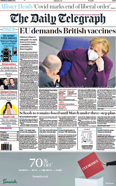 The Daily Telegraph Newspaper Front Page (UK) for 28 January 2021