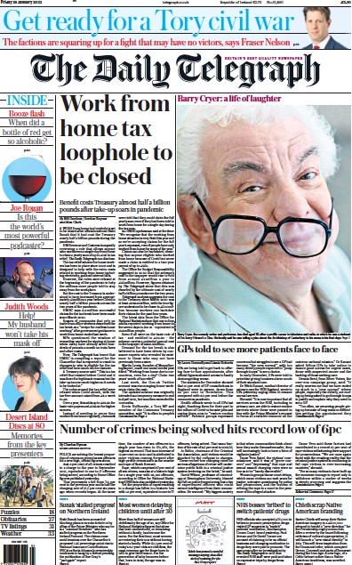 The Daily Telegraph Newspaper Front Page (UK) for 28 January 2022