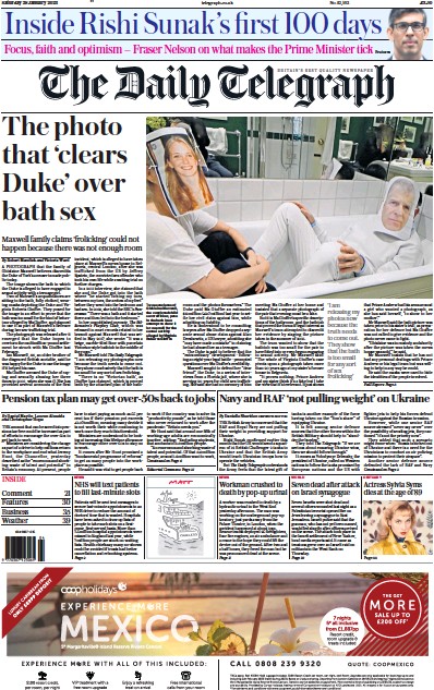The Daily Telegraph Newspaper Front Page (UK) for 28 January 2023